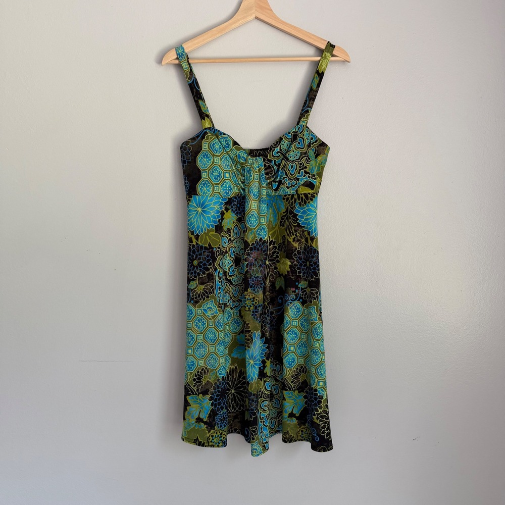Vintage‎ Y2K 2000s Floral Medallion Metallic Shimmer Midi Dress Boho Retro 10